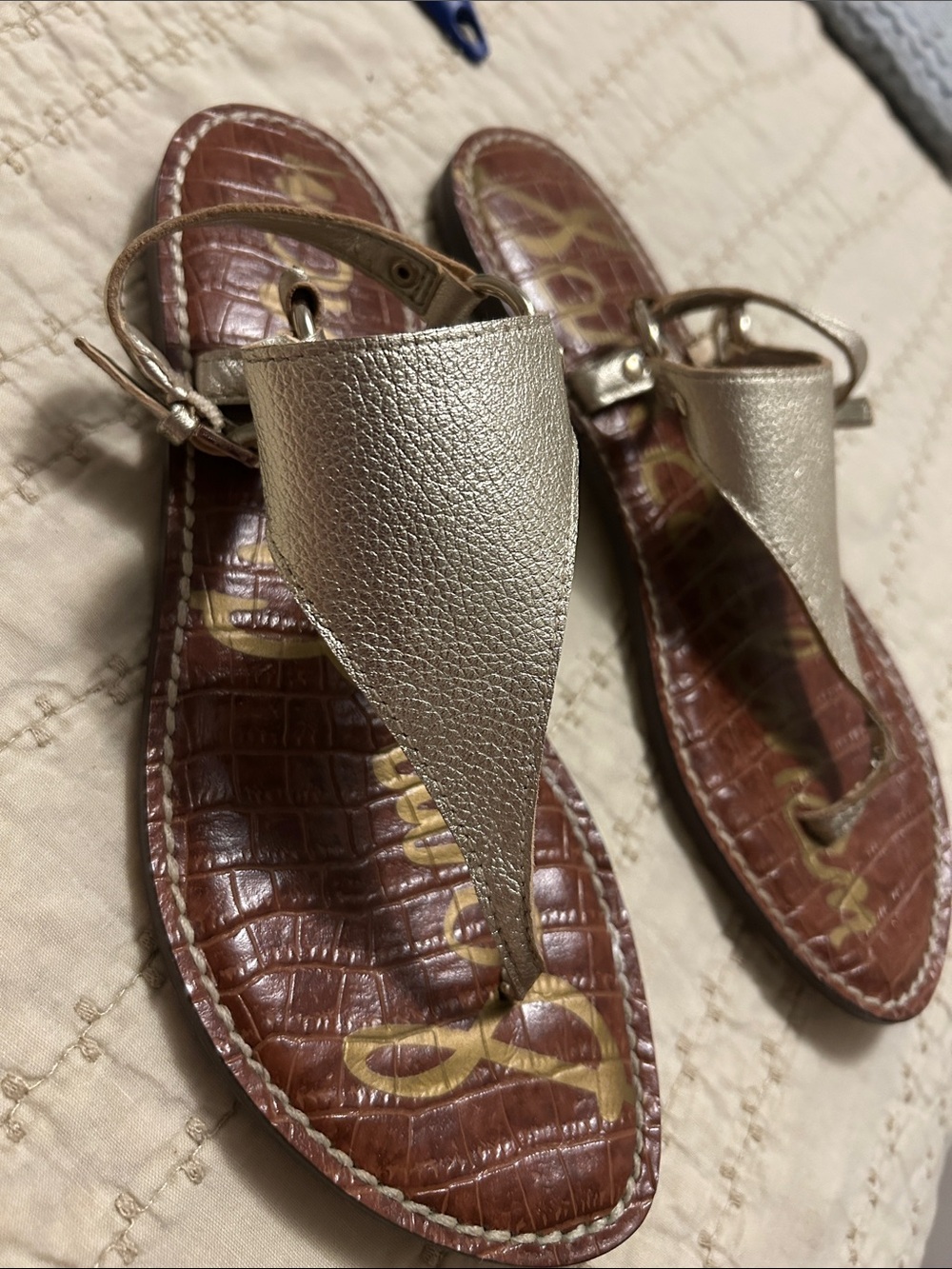 Sam Edelman Metallic Gold T-Strap Thong Sandals